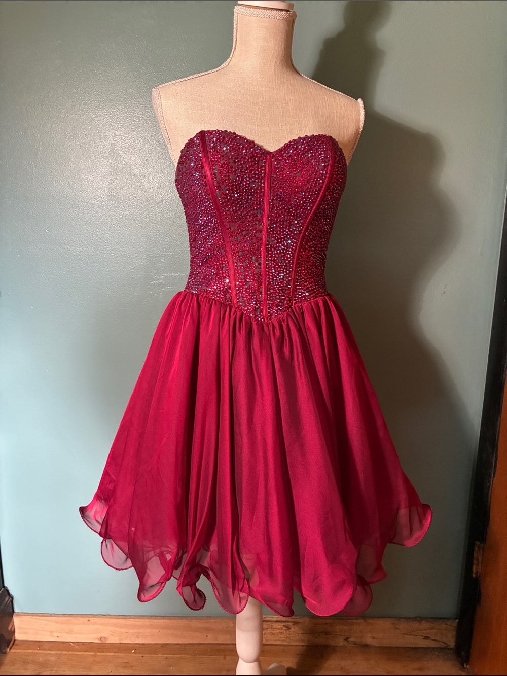 Strapless Beaded Mini Dress in Deep Red